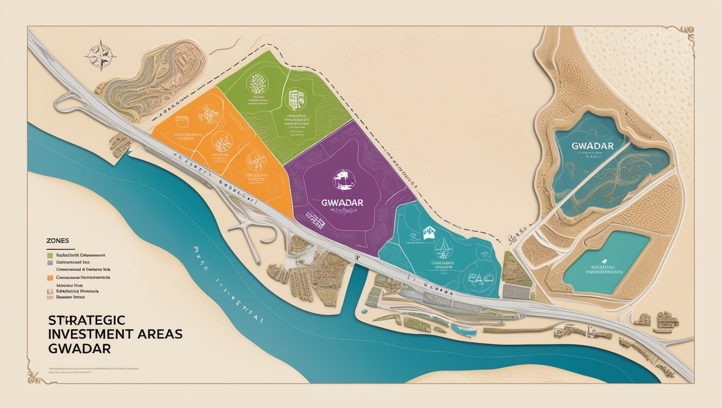 Color-coded map of Gwadar showing future development